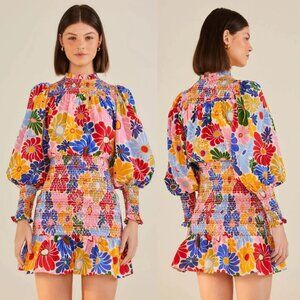 Farm Rio Sunny Daisies Mini Dress Floral Smocked High Neck Puff Sleeves Size XS